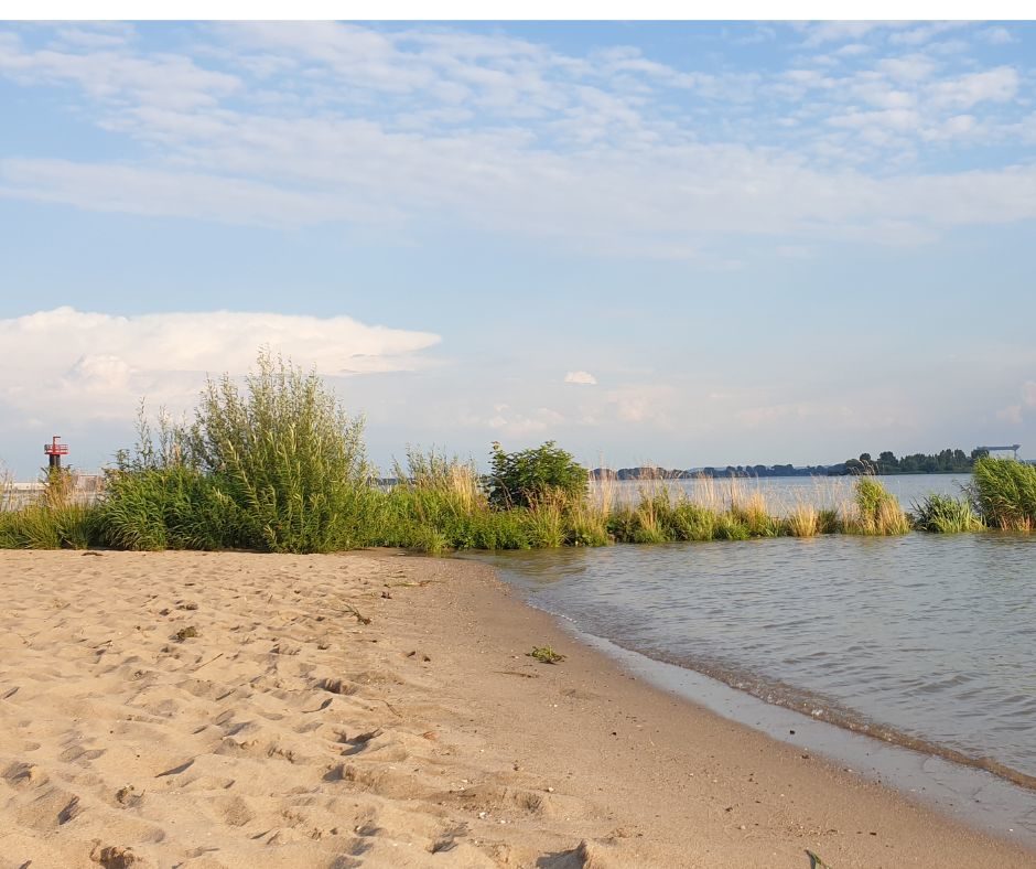 Ein Blankeneser Strandfoto. Sand, eine kleine grünbewachsene Landzunge, die Elbe unter blauem Sommerhimmel
