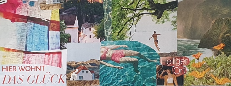Das Visionboard von Silke Geissen zeigt friedliche Motive, viel Wasser, eine schwimmende Frau und ein Haus in den Dünen