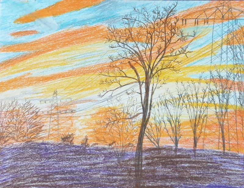 Das Bild, von der Autorin mit Ölpastellkreiden gemalt, zeigt kahle Bäume und Hochspannungsleitungen vor einem spektakulären Herbst-Sonnenuntergang