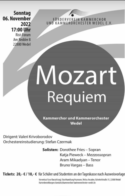 Werbezettel für ein Chorkonzert. Der Wedeler Kammerchor singt das Requiem von Mozart am 6. November um 17 Uhr.
