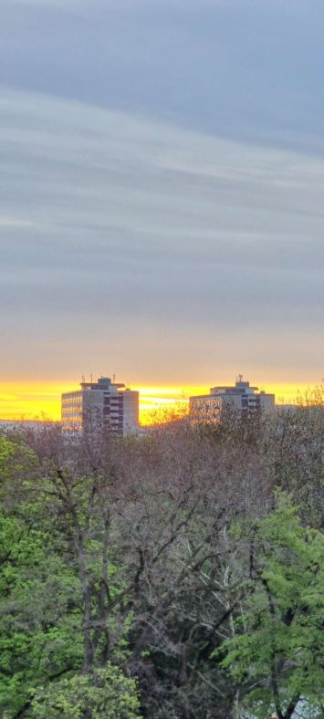 Sonnenaufgang in Stuttgart, zwei Hochhäuser in der aufgehenden Sonne