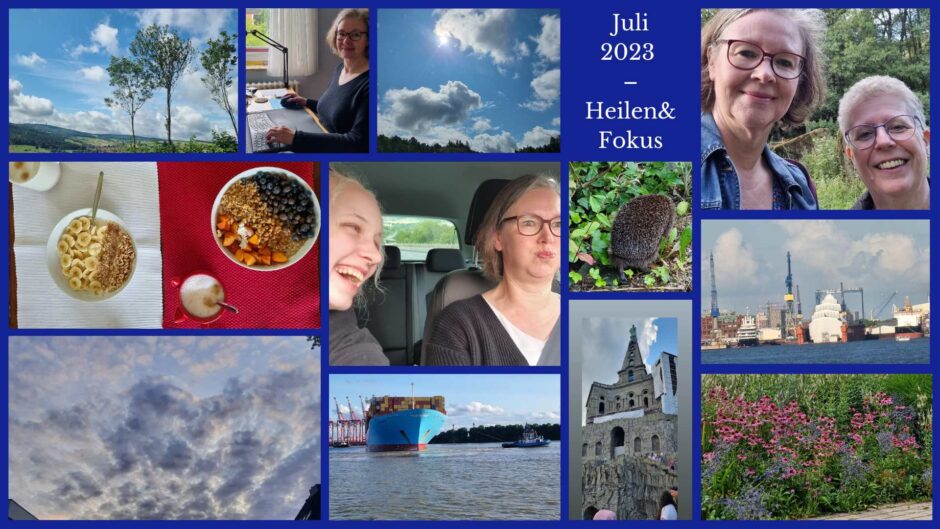 Beitragsbild Monatsrückblick Juli 2023: eine Collage aus Naturfotos, Containerschiffen, der Autorin, ihrer Tochter, einer Freundin. Und ein Igel im Garten.
