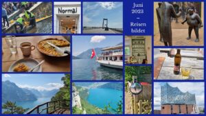 Eine Collage aus Bildern vom Juni 2023: Fotos aus Dänemark, der Schweiz. Meer, Berge, Seen. Und die Elbphilharmonie in Hamburg. Alles in blauem Rahmen mit der Aufschrift: Juni 2023 – Reisen bildet.