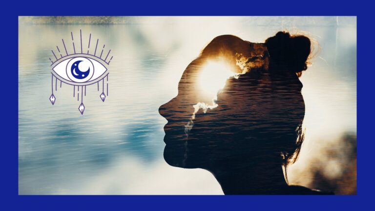Ein Frauenkopf, der von innen leuchtet, steht als Sinnbild für Intuirion. Davor noch ein Symbol, das Dritte Auge.