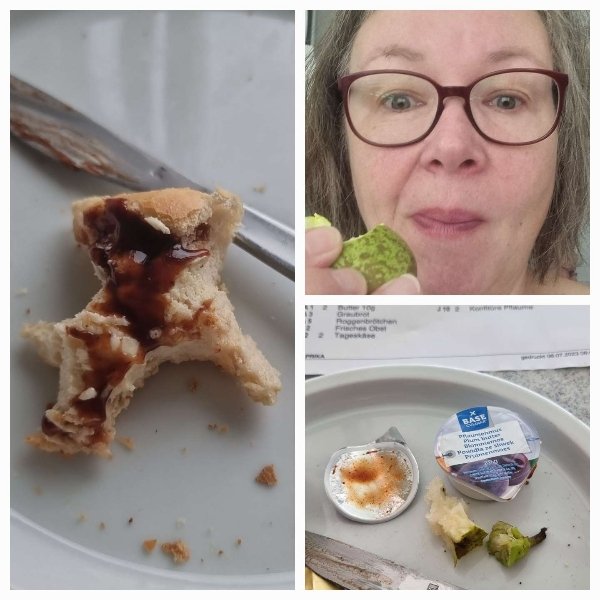 Eine collage aus einem angebissenen Toast in Tierform, einem Teller mit Essensresten und der Autorin, die begeistert in eine Birne beißt