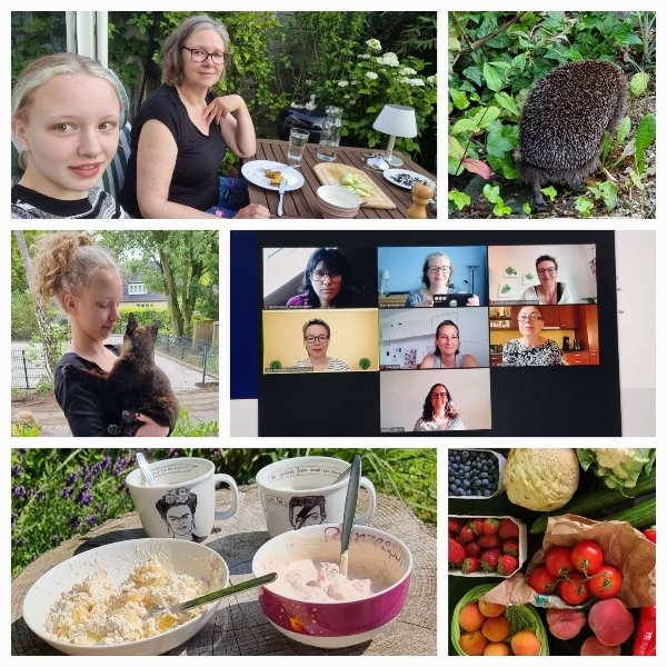 Eine Collage, die die Tochter der Autorin mehrmals zeigt, auch die Katze. Schönes Essen, frisches Obst und einen Bildschirm mit fröhlichen Gesichtern beim CoBlogging.