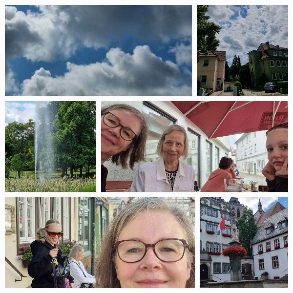 Eine Collage aus Bildern mit der Autorin, ihrer Tochter und ihrer Mutter. Einige Gebäude in Bad Hersfeld und die Fontäne im Kurpark
