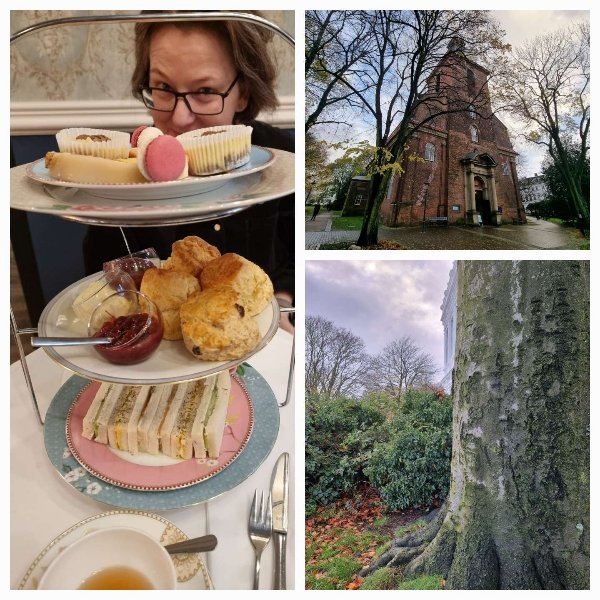 Eine collage aus drei Bildern: eine Etagere mit Süßigkeiten und Sandwiches, dahinter eine Frau. Rechts oben eine Kirche, rechts unten ein großer Baumstamm in Anschnitt, dahinter leicht diesiges Novemberwetter