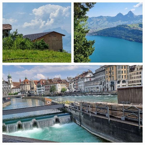 Drei See- und Bergpanoramen um den Vierwaldstättersee. Hohes rauschendes Wasser strömt durch ein Wehr in Luzern.