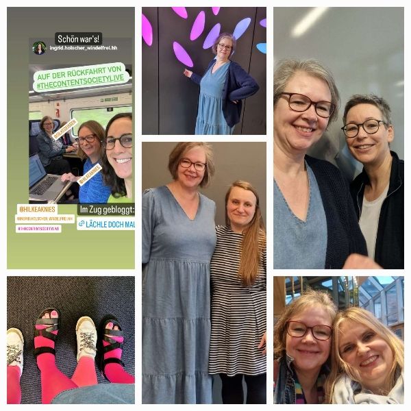 Eine Collage aus sechs Fotos. Die Autorin mit unterschiedlichen Menschen während eines mehrtägigen Events.