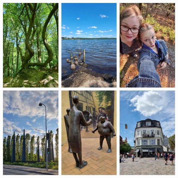 Eine Collage aus sechs Fotos, alle in Dänemark aufgenommen, in Vejle und Odense. Wald, Meer, die Autorin und ihre Tochter, Skulpturen 1. abstrakt, 2. des Kaisers neue Kleider, ein historisches Gebäude
