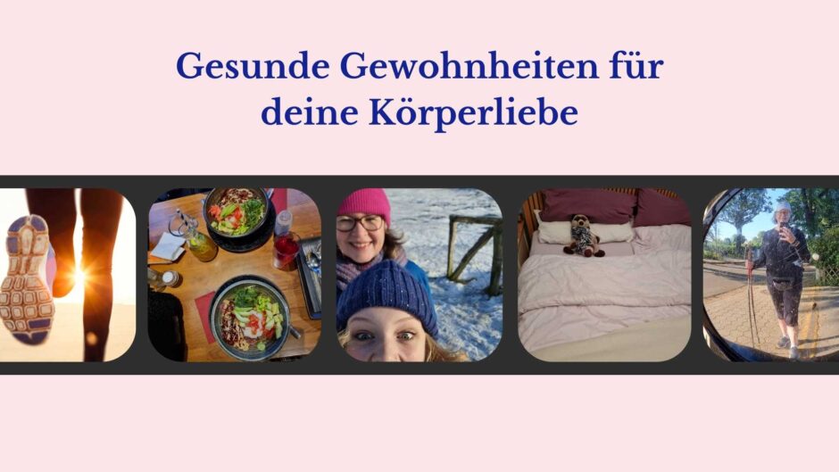 Auf rosa Grund eine Fotocollage aus fünf Bildern: Beine, die laufen, buntes, appetitlich angerichtetes Essen, die Autorin und ihre Tochter, ein frisch gemachtes Bett mit einem Kuscheltier, die Autorin mit Walkingstöcken in einem Spiegel an der Straße.