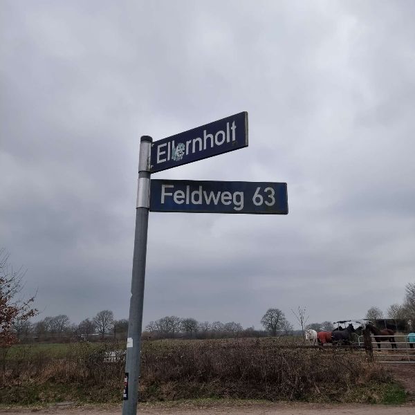Eine Kreuzung mit zwei Straßenschildern. Die Namen: Ellerholt und Feldweg 63.