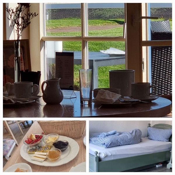 Drei Bilder aus einem Hotel. Ein Frühstücksraum, ein Frühstück, ein rustikales Bett.