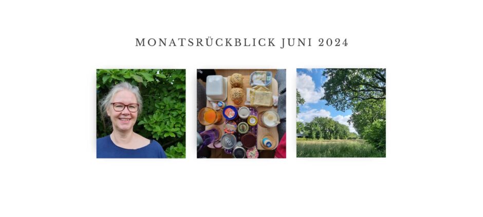 Eine Fotocollage auf weißem Untergrund. Links ein Bild der Autorin im blauen T-Shirt im Garten, in der Mitte ein Frühstückstisch von oben, rechts Gräser, Bäume, Himmel, Wolken. Oben die Überschrift Monatsrückblick Juni 2024