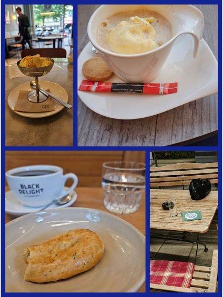 Eine Collage aus vier Bildern, die gemütliche Ausschnitte aus Restaurants zeigen, Mit Kaffee, Gebäck, Eis und schönem Ambiente.