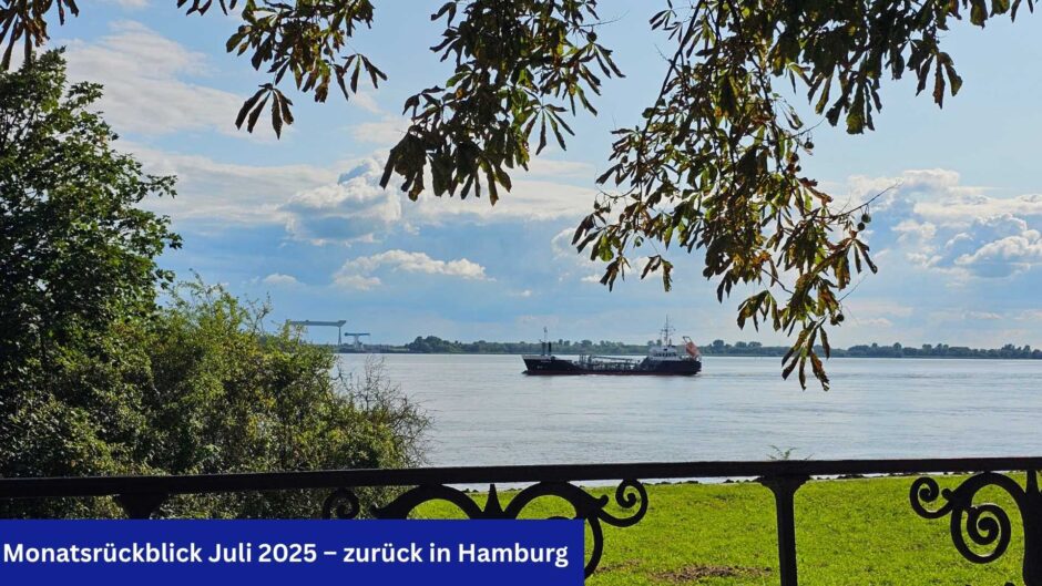 Ein nachmittägliches Elbpanorama mit Schiff und grünen Zweigen, bei blauem, leicht bewölktem Himmel. Auf einem blauen Banner die Schrift: Monatsrückblick Juli 2025 – zurück in Hamburg
