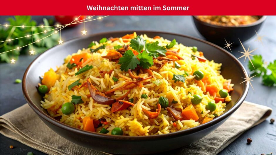 Eine Tonschüssel mit einem sehr appetitlich angerichteten Reisgericht, oben im Bild ein rotes Banner mit weißer Schrift: Weihnachten mitten im Sommer.
