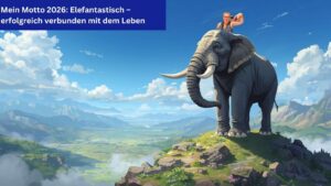 Ein Elefant steht über einen tiefen Tal, geritten wird er von der Autorin. Oben links im Bild der Titel: Mein Motto 2026: Elefantastisch – erfolgreich verbunden mit dem Leben