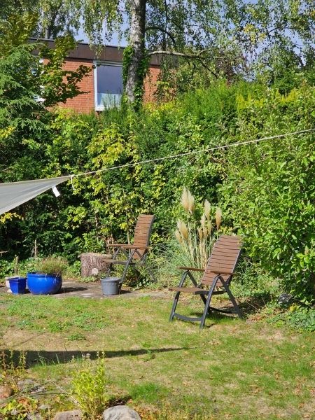 Ein Gartenpanorama mit Gras, blau glasierten Pflanzkübeln, Holzstühlen und aus dem Boden schießendem Pampasgras.