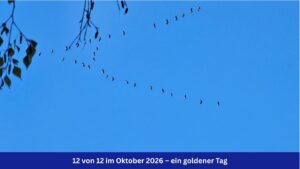 Blauer Himmel, davor eine Gänseformation und ein hängender Zweig. Unten im Bild ein blaues Banner mit weißer Schrift: 12 von 12 im Oktober 2026, ein goldener Tag